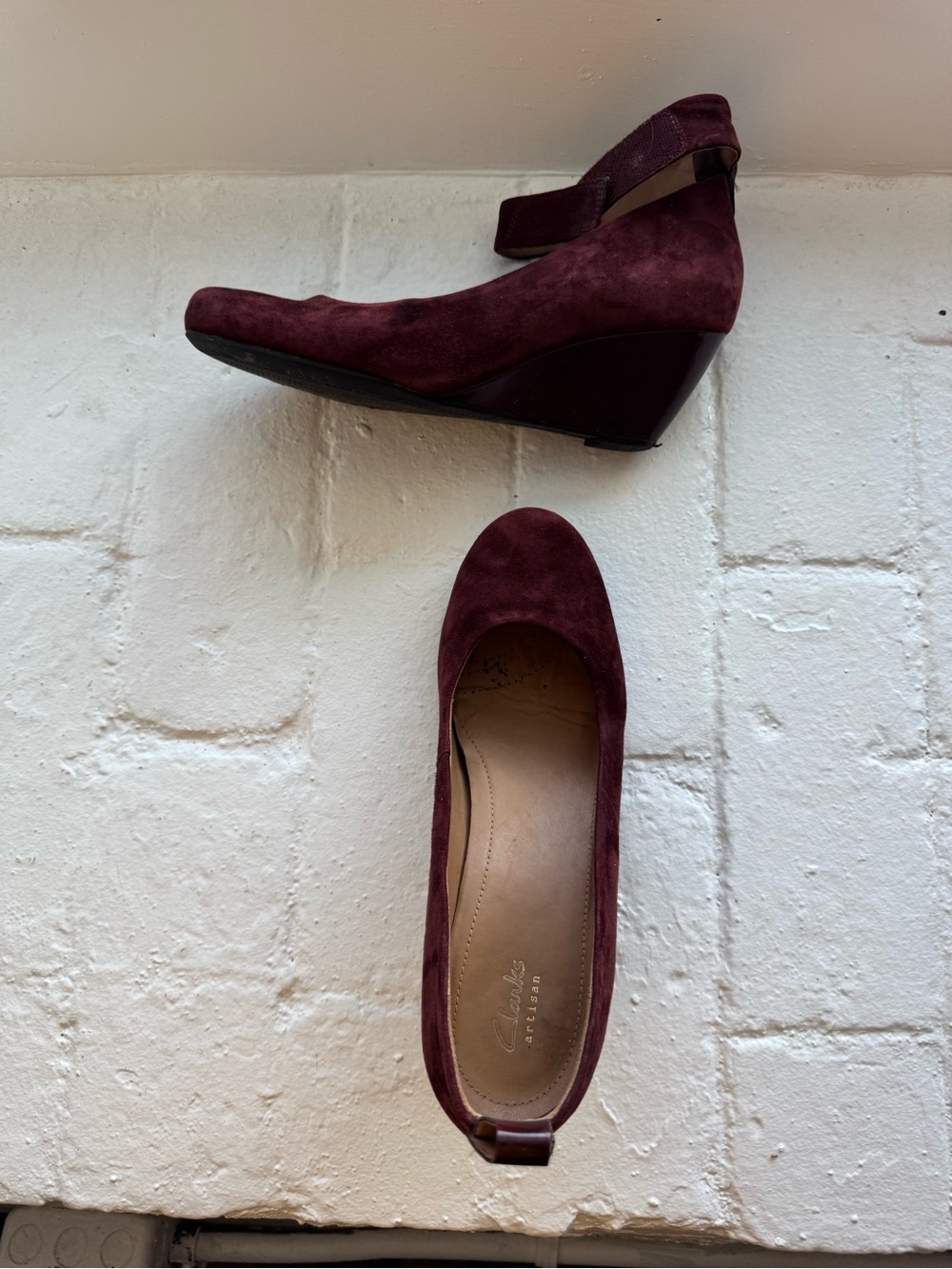 Clarks Burgundy Suede Ankle-Strap Wedges
